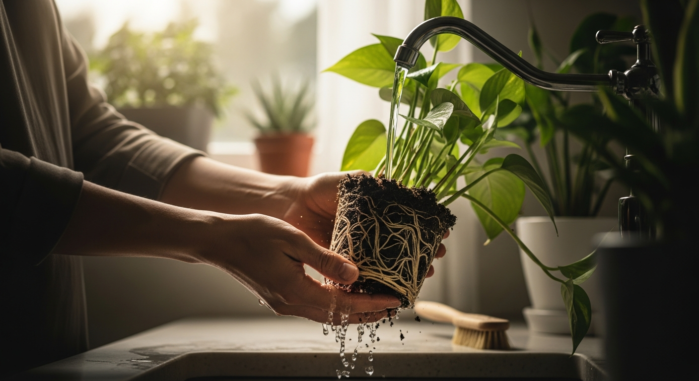 how to clean indoor plant roots