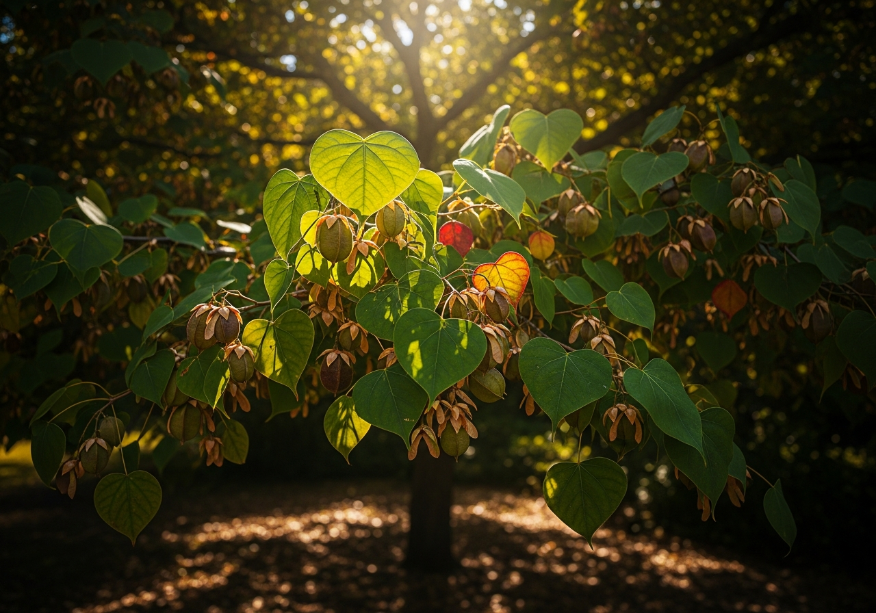 tree with heart-shaped leaves and seed pods